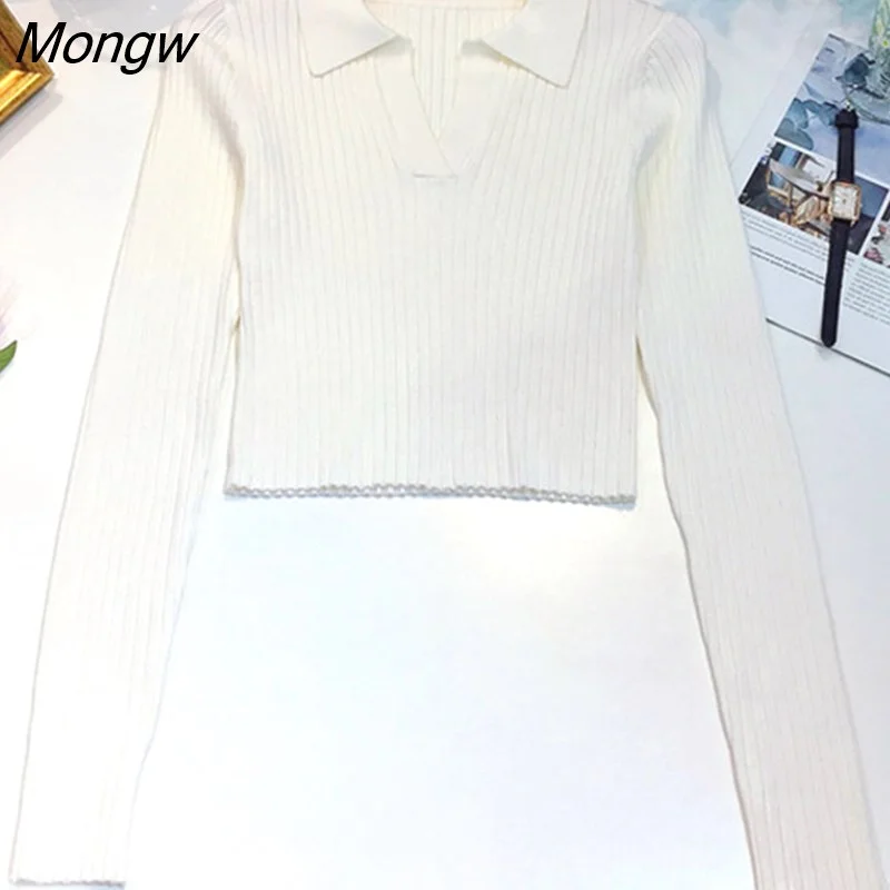 Mongw Knitted Polo Shirts Women V-Neck Long Sleeve Crop Top Spring Autumn Casual T-Shirt Sweater Tops Blue White Black
