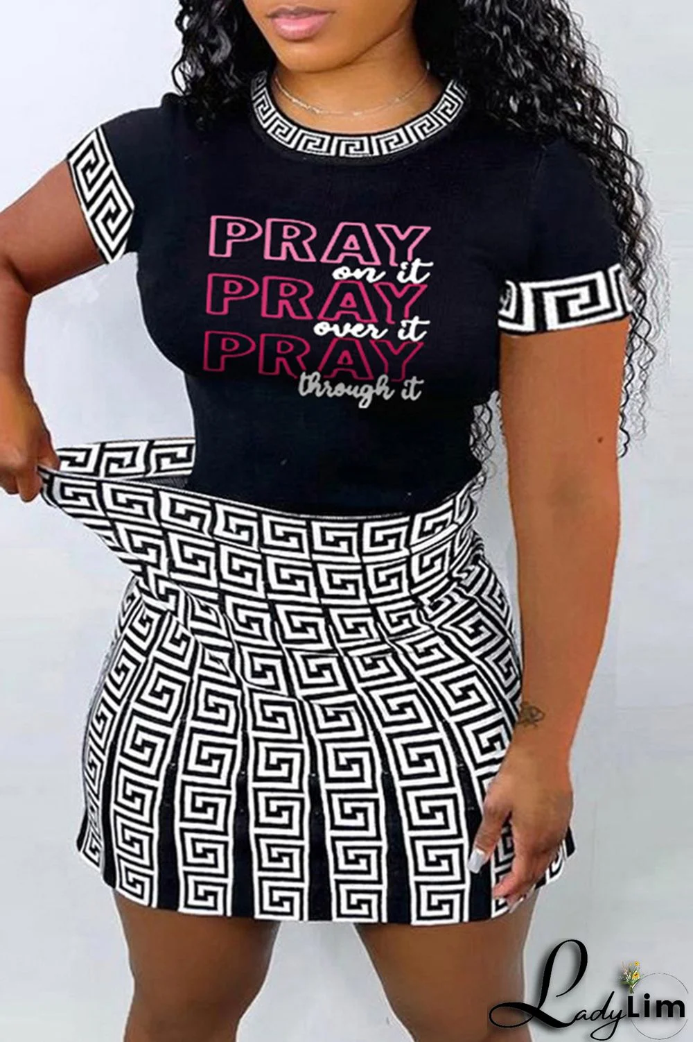 Black Fashion Casual Letter Print Patchwork O Neck Plus Size Two Pieces