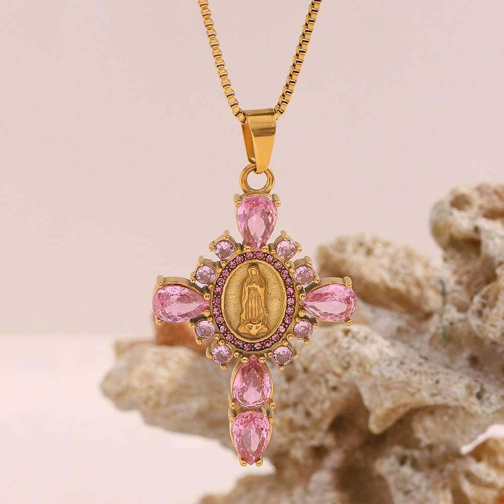 Fashionable Stainless Steel Necklace With 18K Gold-Plated Madonna Cross Inlaid With Diamonds