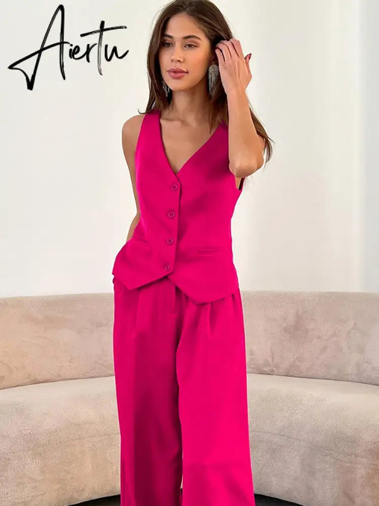 Fashion Women Button Vest And Wide Leg Pant Sets Spring Summer Tank Loose Straight Trouser 2pc Sets Commuter Office Lady Outfits Aiertu