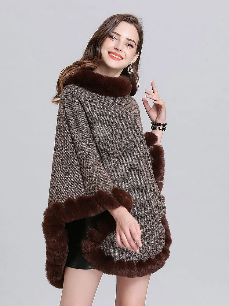 Women Woolen Poncho Faux Fur Shawl Collar Oversized Winter Coat