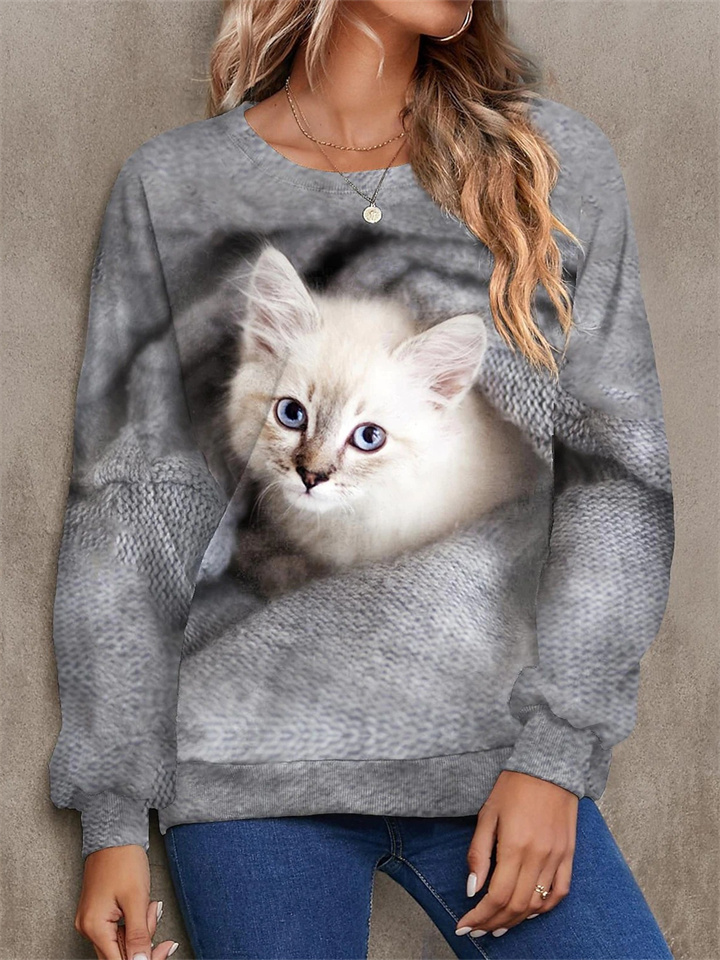 Women's Hot Animal Pattern Kitten Cat Pattern Printed Round Neck Long Sleeve Sweatshirt Womens