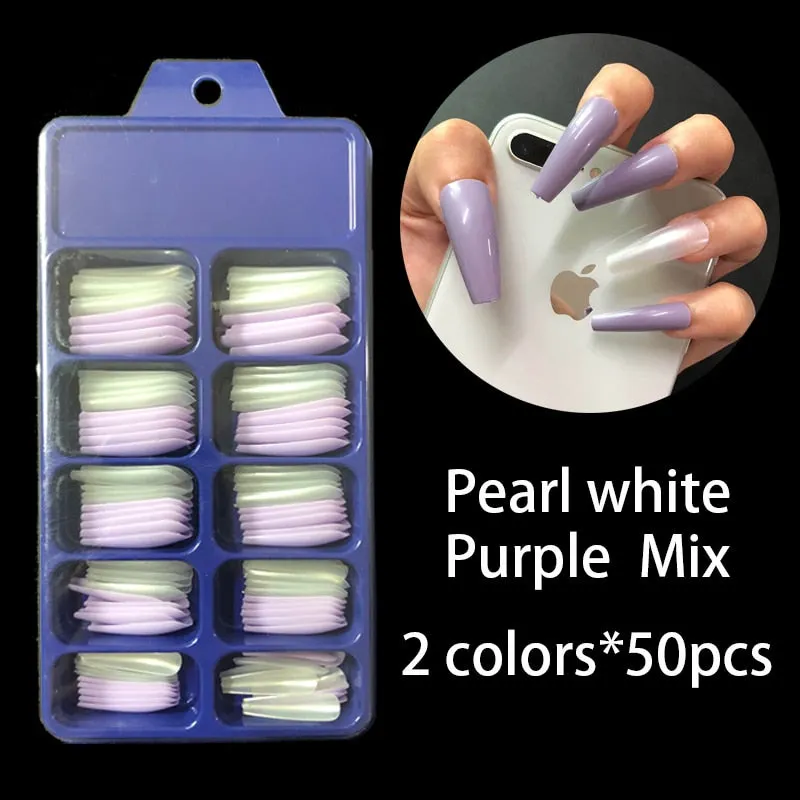 100pcs Professional Fake Nail Tips Coffin Long Ballerina Full Cover Nail Art 10 Sizes Colorful Press on Nails Manicure Soft Box-Nail Inspo