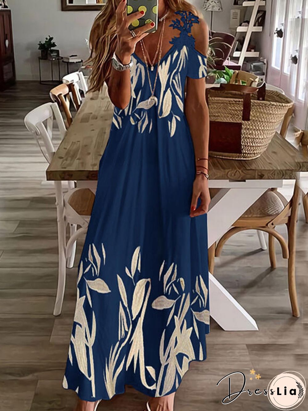 Regular Fit Floral V Neck Long sleeve Knit Dress