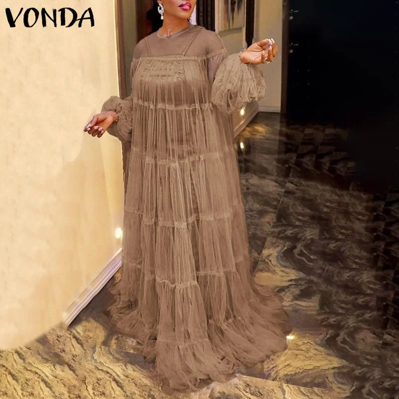 Bohemian Maxi Long Dress Long Robe Sexy Lace Lantern Sleeve Floor-Length Party Dress 2021 VONDA Beach Holiday Vestido