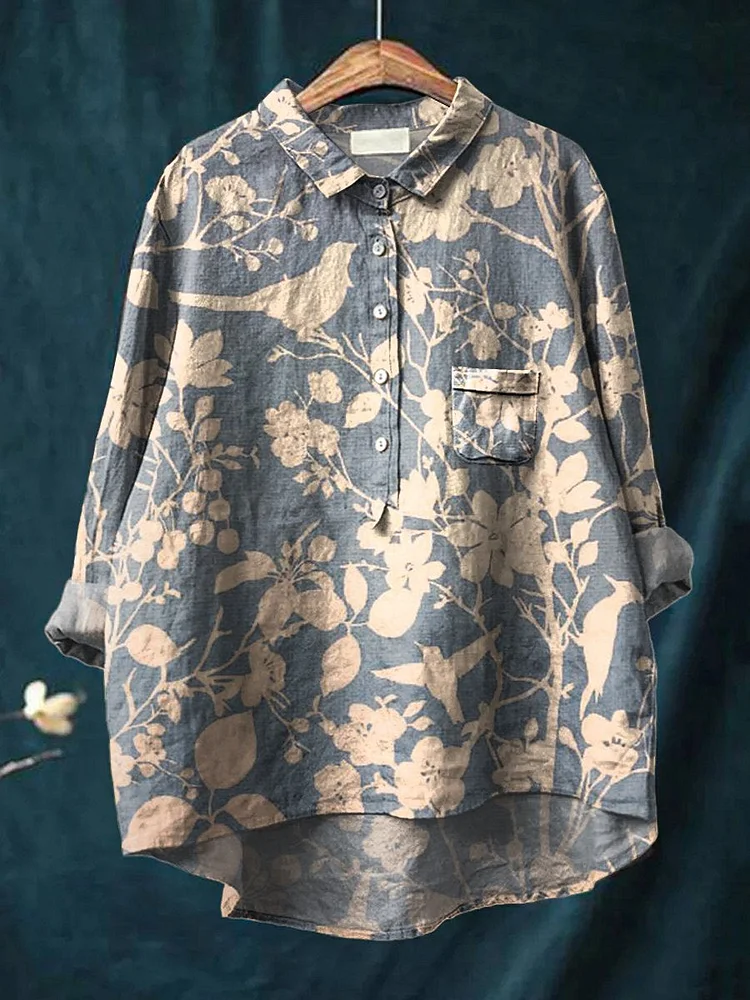 Womens Retro White Flower and Bird Print On Blue Background Print Casual Cotton And Linen Shirt