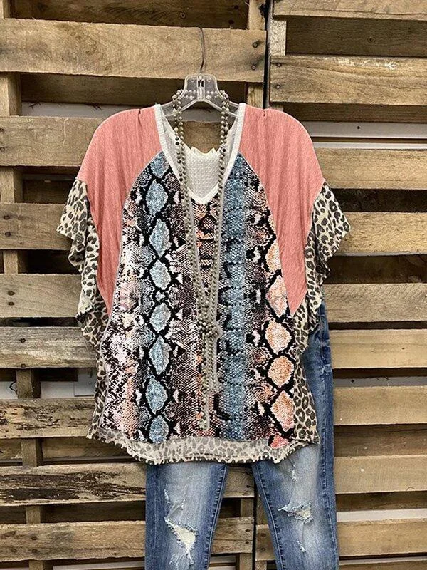 Ruffled Sleeve Patchwork T-shirt-Mayoulove