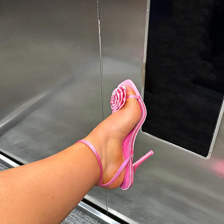 Pink Square Toe Shoes Women's Elegant Stiletto Heel Ankle Strap Flower Sandals |FSJ Shoes