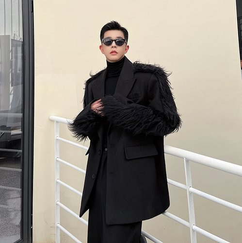 Dawfashion-Original Design Dark Long Fur Stitched Wool Blazer Jackets-Yamamoto Diablo Clothing