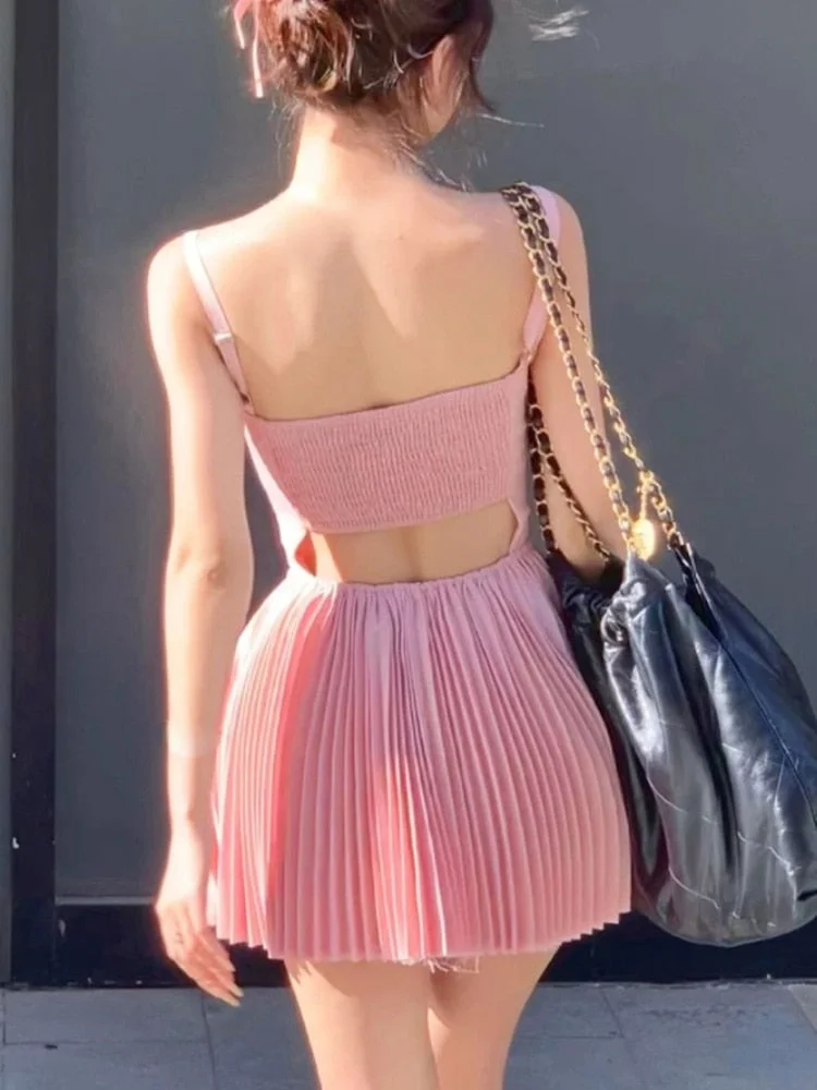 Tlbang Pink Sweet Sexy Dress Women Backless Korean Fashion Party Mini Dress Female Bodycon Casual Pretty Pleated Dress 2023 New