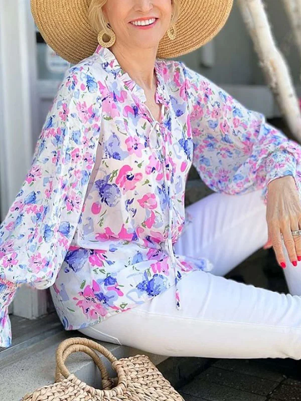 Chiffon vacation print ladies long sleeve shirt