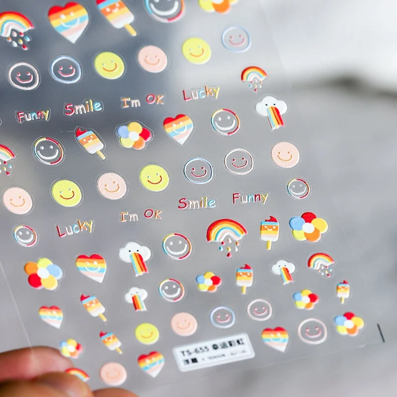 1 Sheet 5D High Quality Ultra-Thin Adhesive Smiley Nail Art Stickers Spring and Summer Cute Smile DIY Manicure Decal Decoration-Nail Inspo