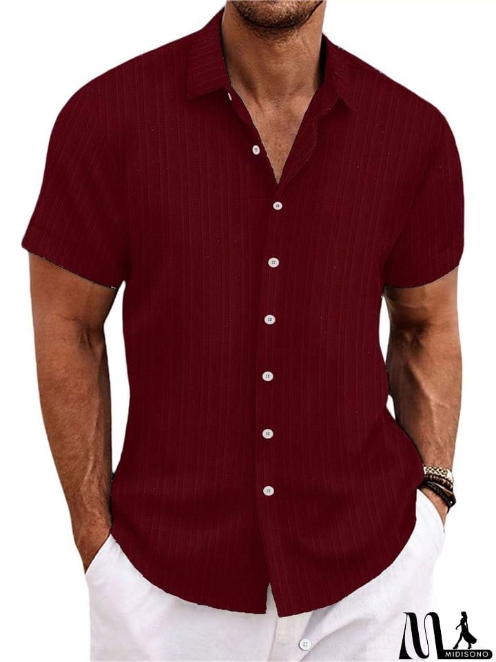 MidiSono - Men's Striped Texture Cotton Linen Short Sleeve Shirt