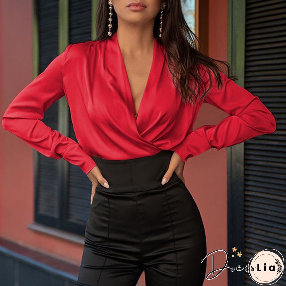 Women Long Sleeve Wrap Blouse Satin Silk V Neck Casual Elegant Shirt Plus Size Tops
