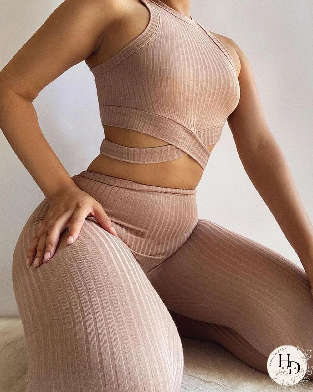 Ribbed Cross Crop Top & High Waist Pants Sets