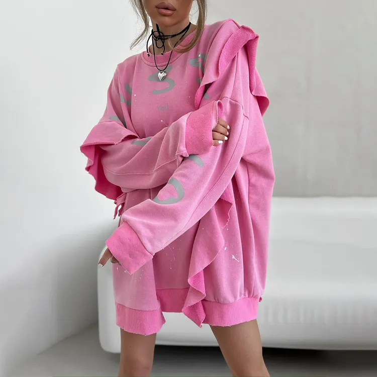Street round Neck Mid Length Loose Lotus Leaf Sweatshirt Women Summer Dopamine Printing Sweatshirt Top 
