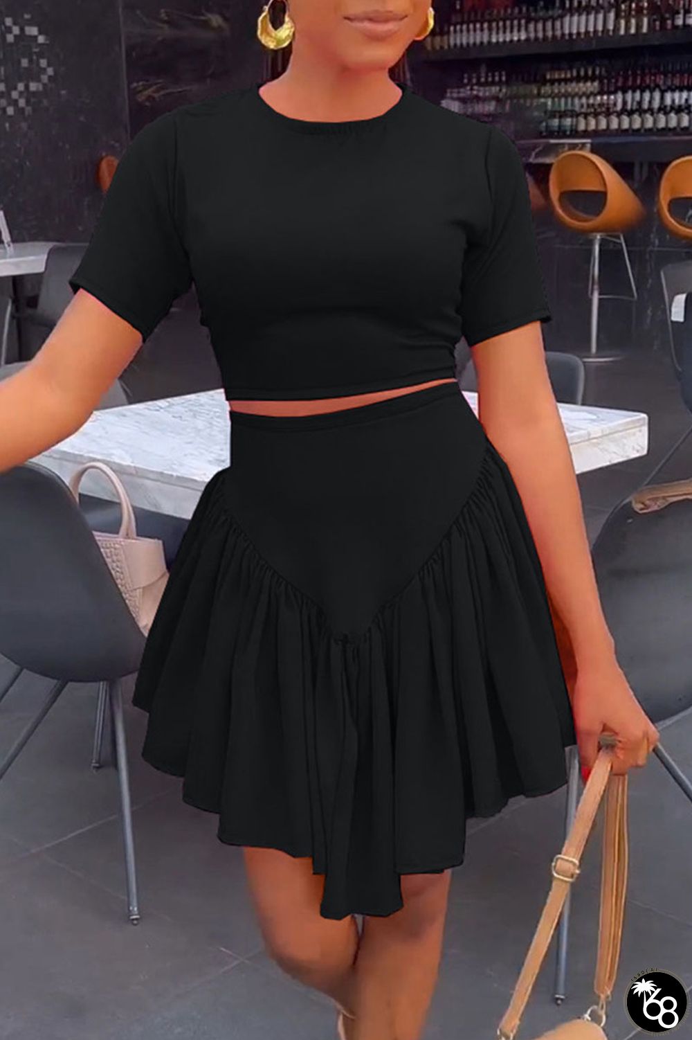 Black Casual Solid Patchwork Fold Asymmetrical O Neck Short Sleeve Two Pieces | 168DEAL