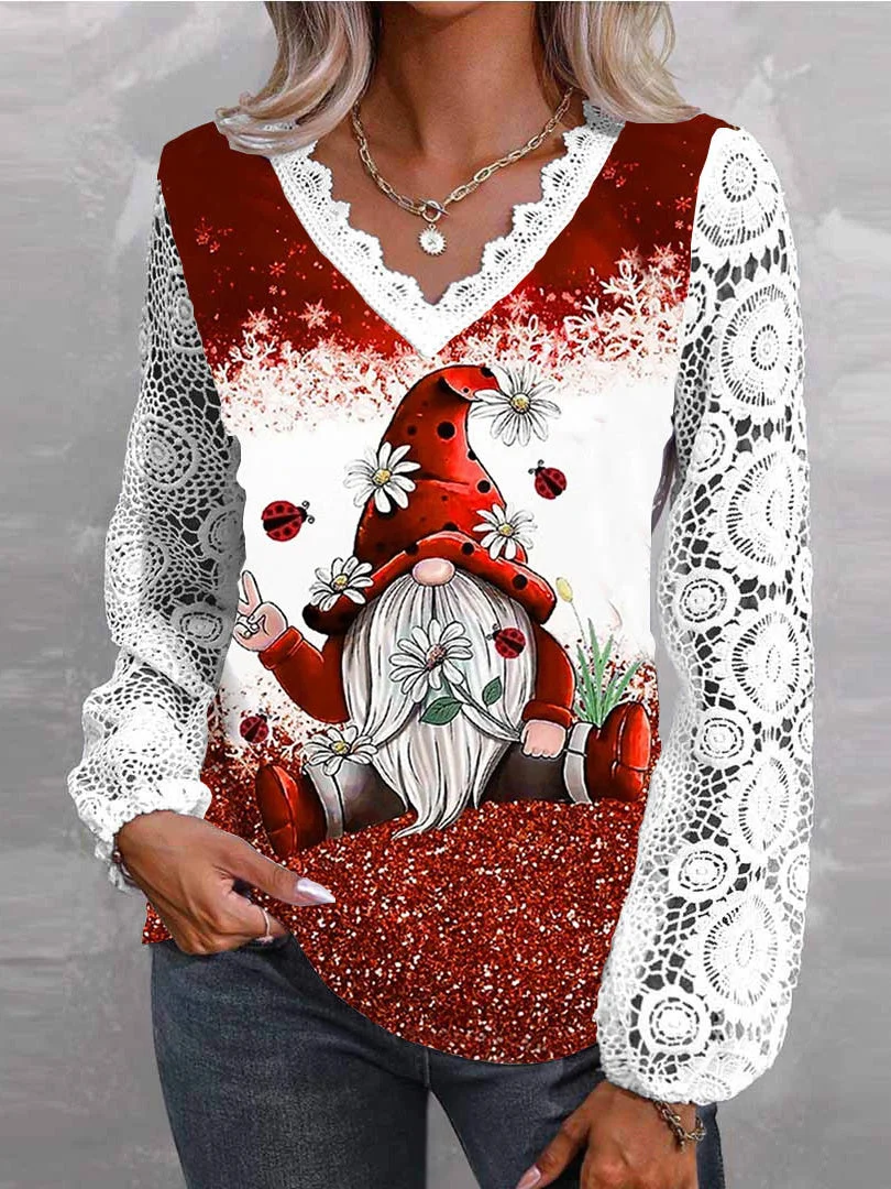 Women Long Sleeve V-neck Santa Claus Printed Lace Snowflake Christmas Tops
