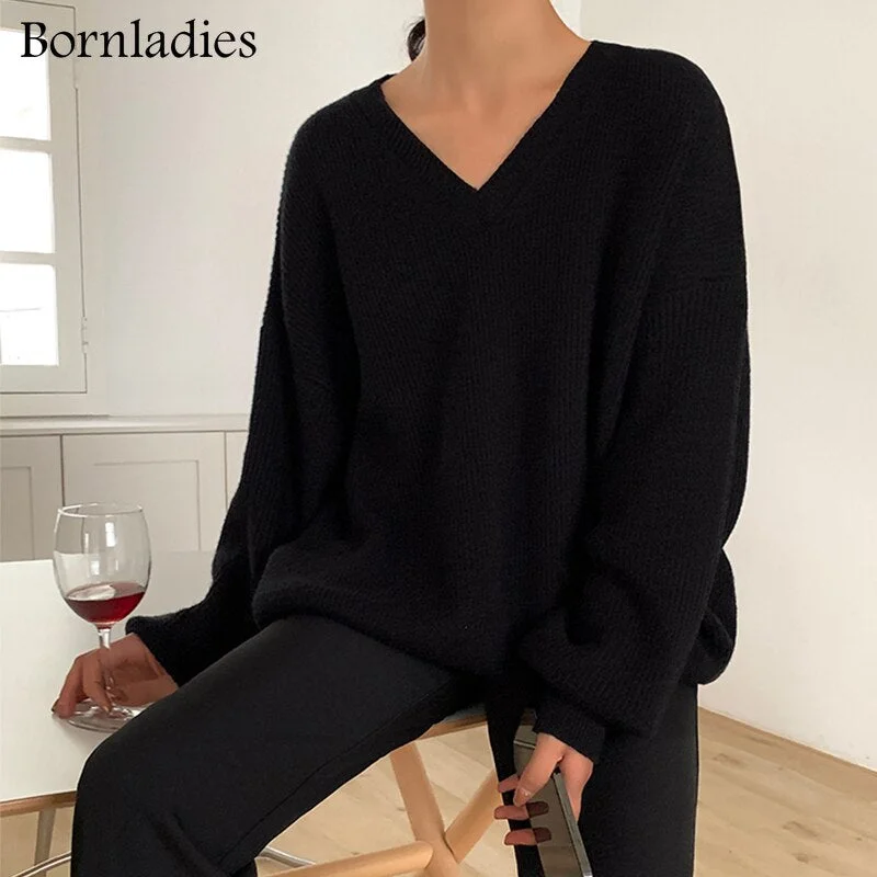 Bornladies 2021 Autumn Winter Loose Pullover Basic Warm Sweater for Women Soft Kniited Korean V Neck Fashion Sweater Women Pull