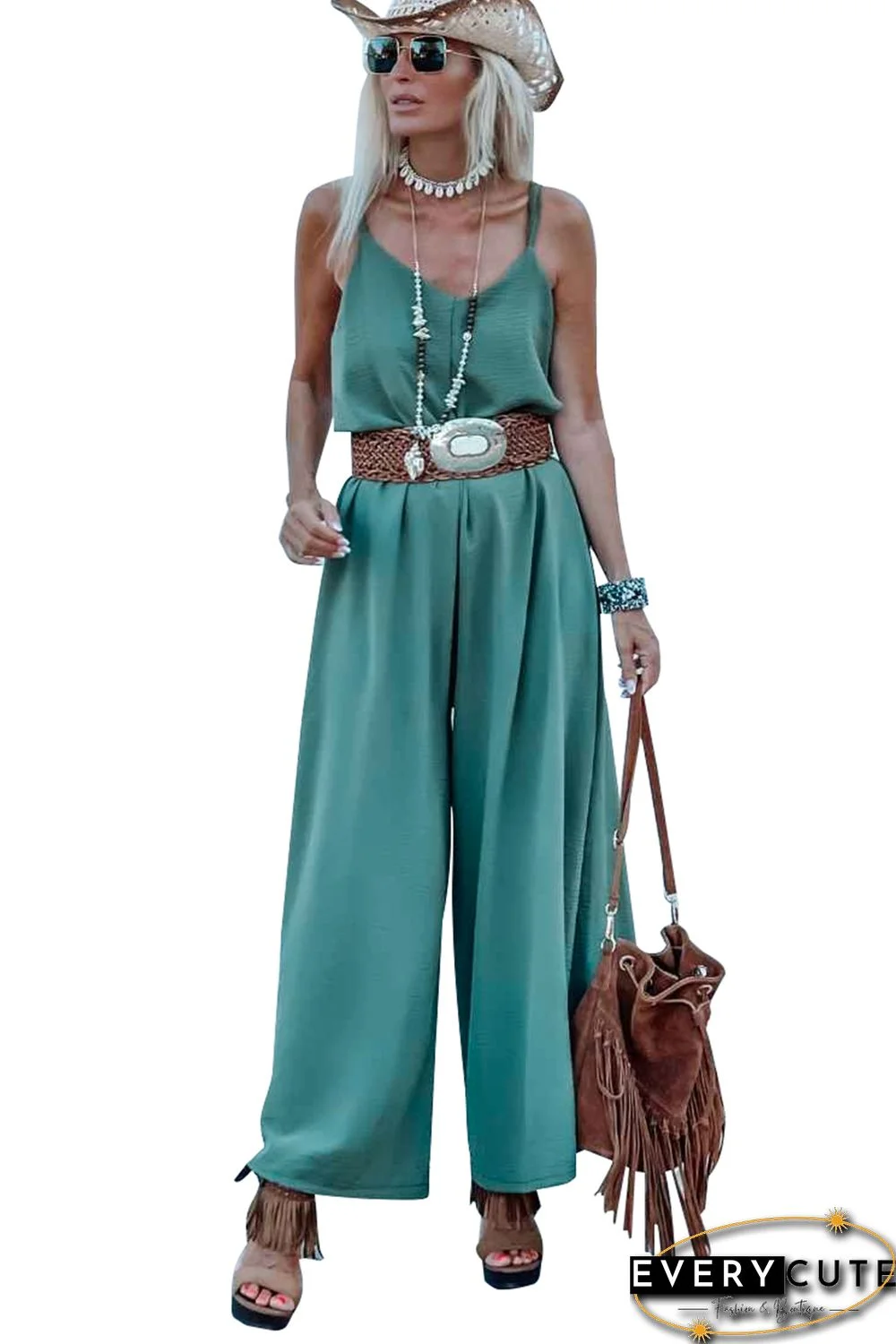 Green Solid Color Spaghetti Straps Wide Leg Jumpsuit
