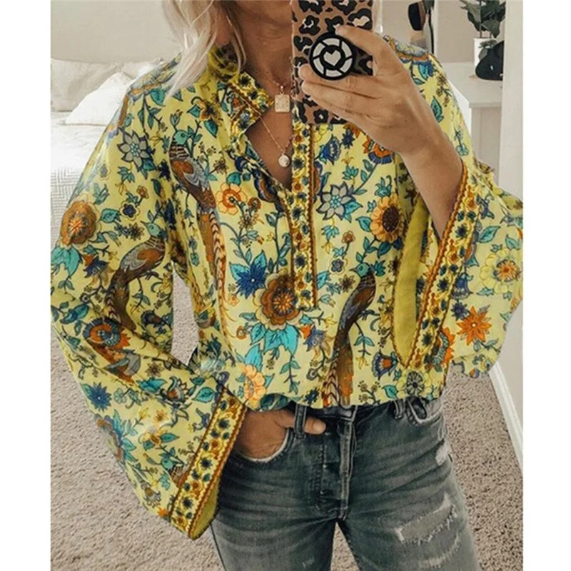 GAOKE Women Peacock Print Boho Blouse Elegant Vintage Long Sleeve Blouse Shirt Spring Autumn Female V-Neck Button Blusa Tops