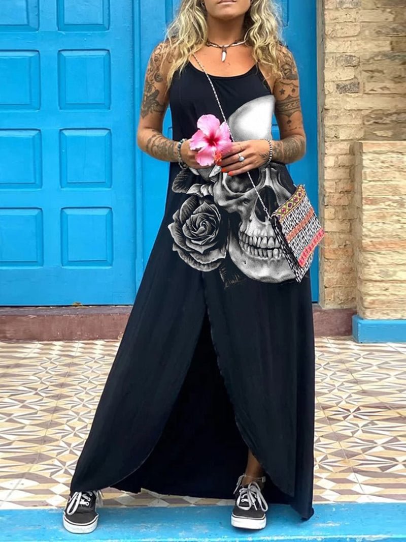 Skull Printed Slit Maxi Cami Dress