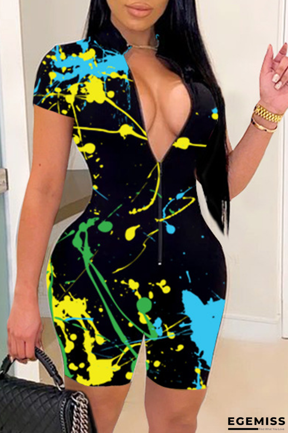 Black Yellow Sexy Patchwork Tie-dye Mandarin Collar Skinny Jumpsuits | EGEMISS