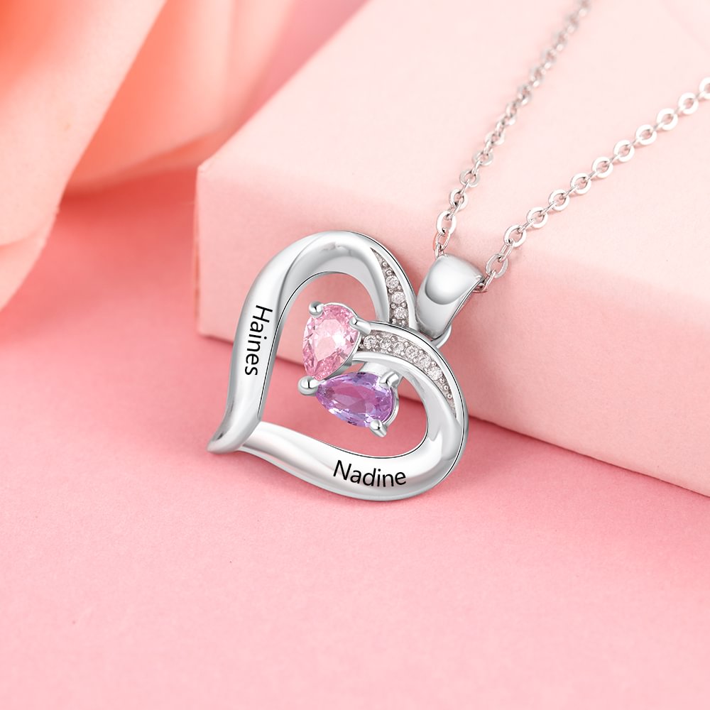 Personalized Heart Mother Necklace With 2 Birthstones Engraved Names Ts For Her 