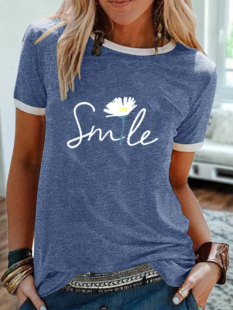 Bestdealfriday Smile Daisy Casual Floral Crew Neck Short Sleeve Woman's Shirts Tops