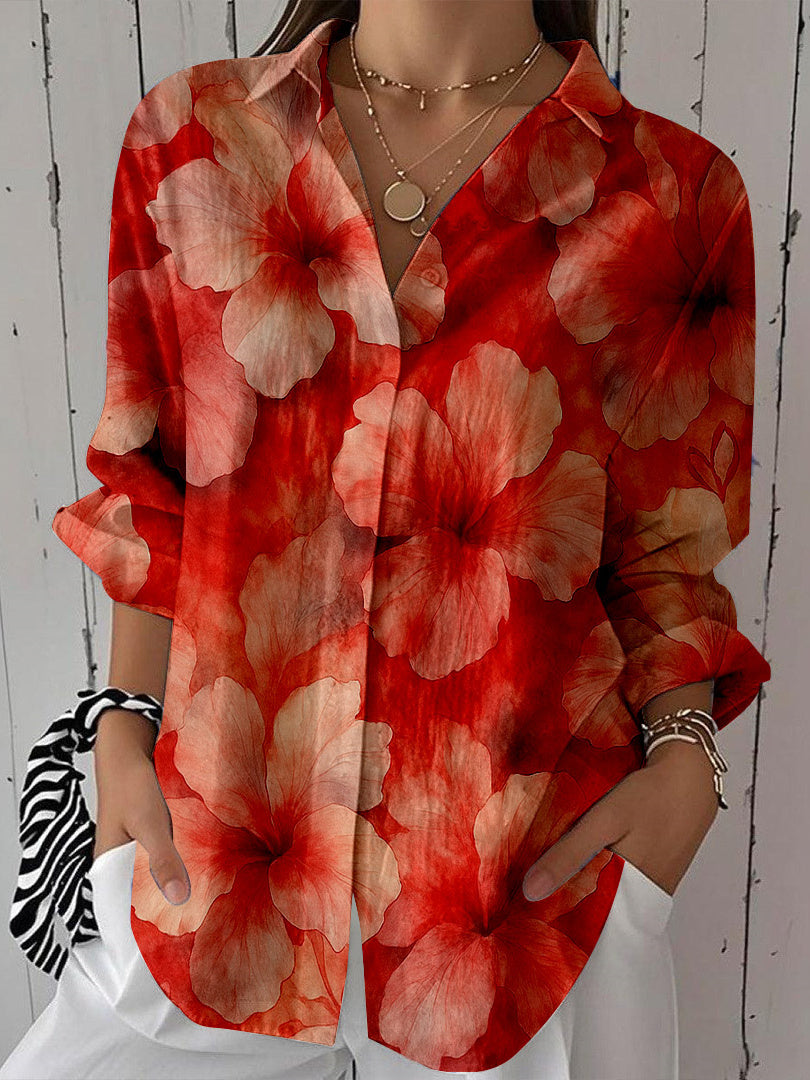 Women Long Sleeve V-neck Graphic Floral Printed Top