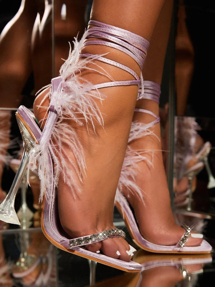 Rhinestone Feather Lace-up Square Toe Sandals