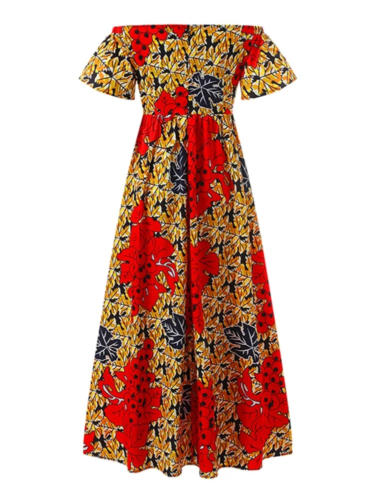 VONDA Summer Women Flare Sleeve Party Dress Vintage Printed Sexy Off Shoulder Pleated Robe Lady High Waist Short Sleeve Sundress