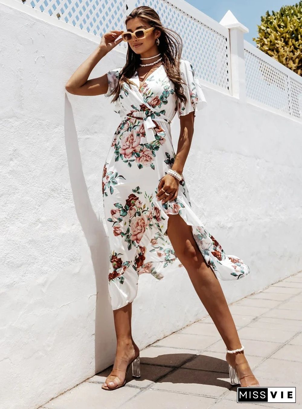Trendy Print V-neck Lace-up Flounced Irregular Maxi Dress