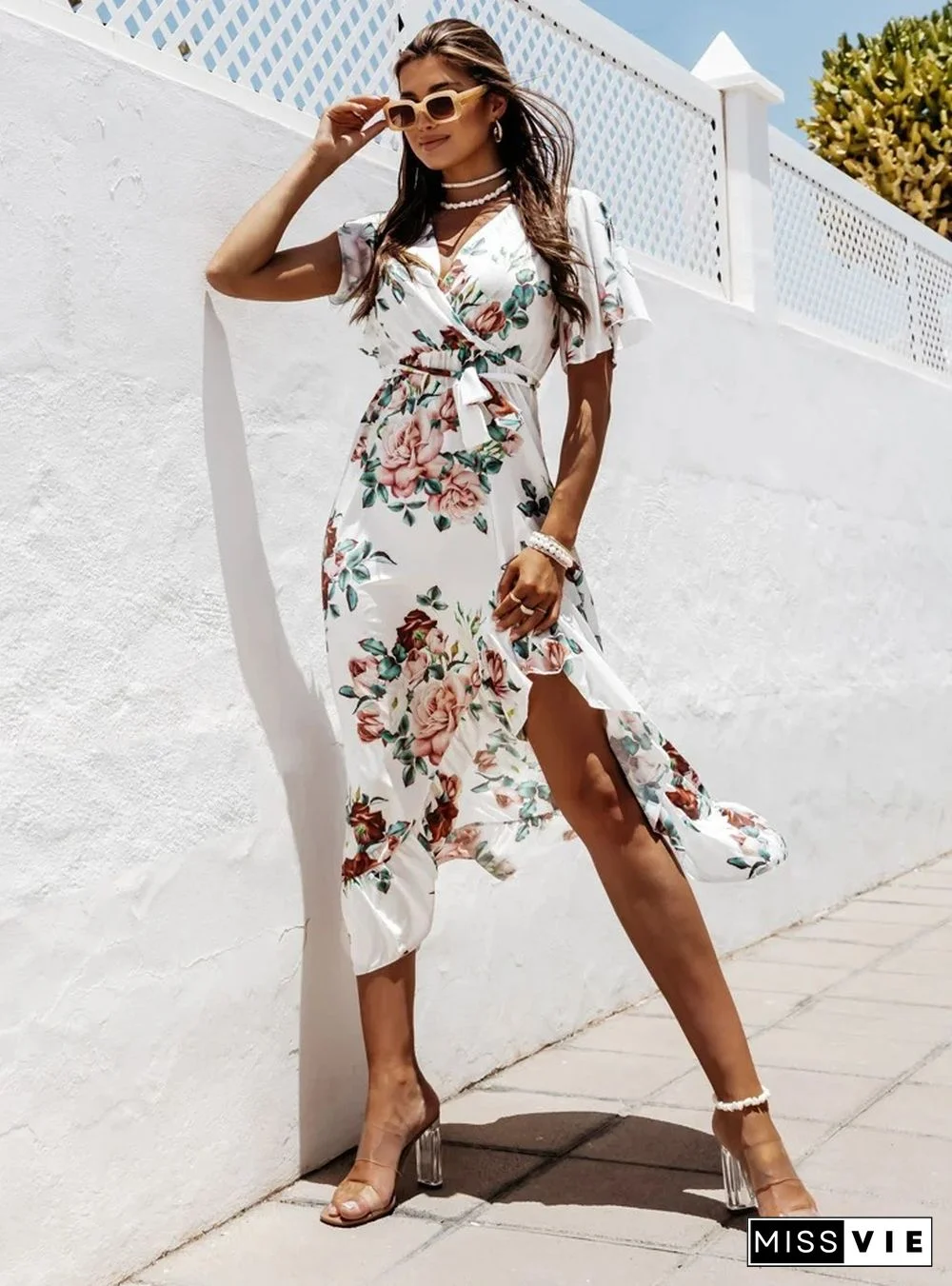 Trendy Print V-neck Lace-up Flounced Irregular Maxi Dress