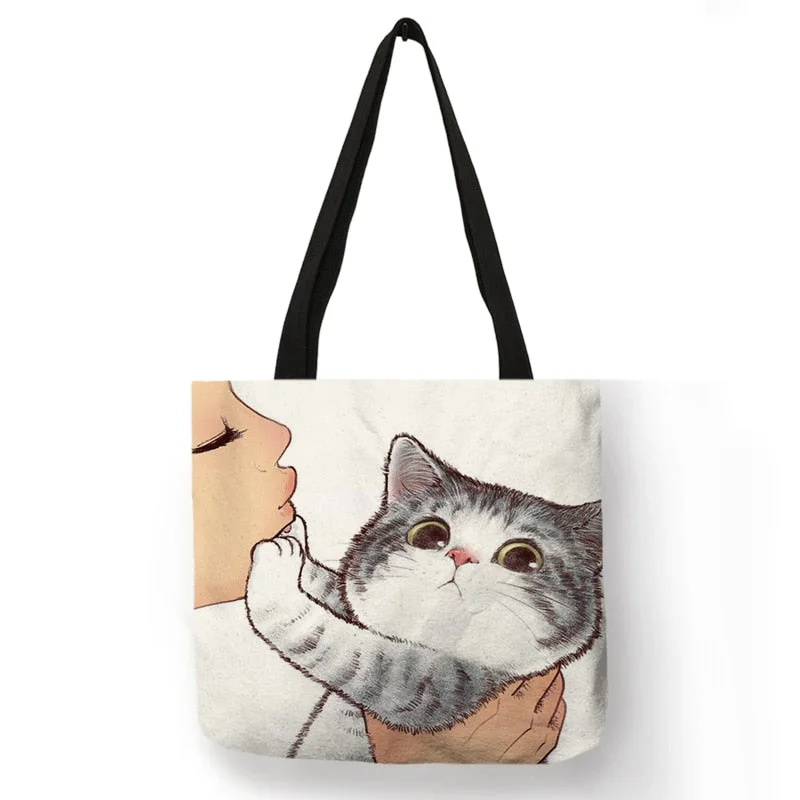 Funny Cute Kissing Cat Print Casual Tote Bag Eco Linen Cloth Handbag Women Ladies Large Reusable Shopping Bag for Outdoor Beach