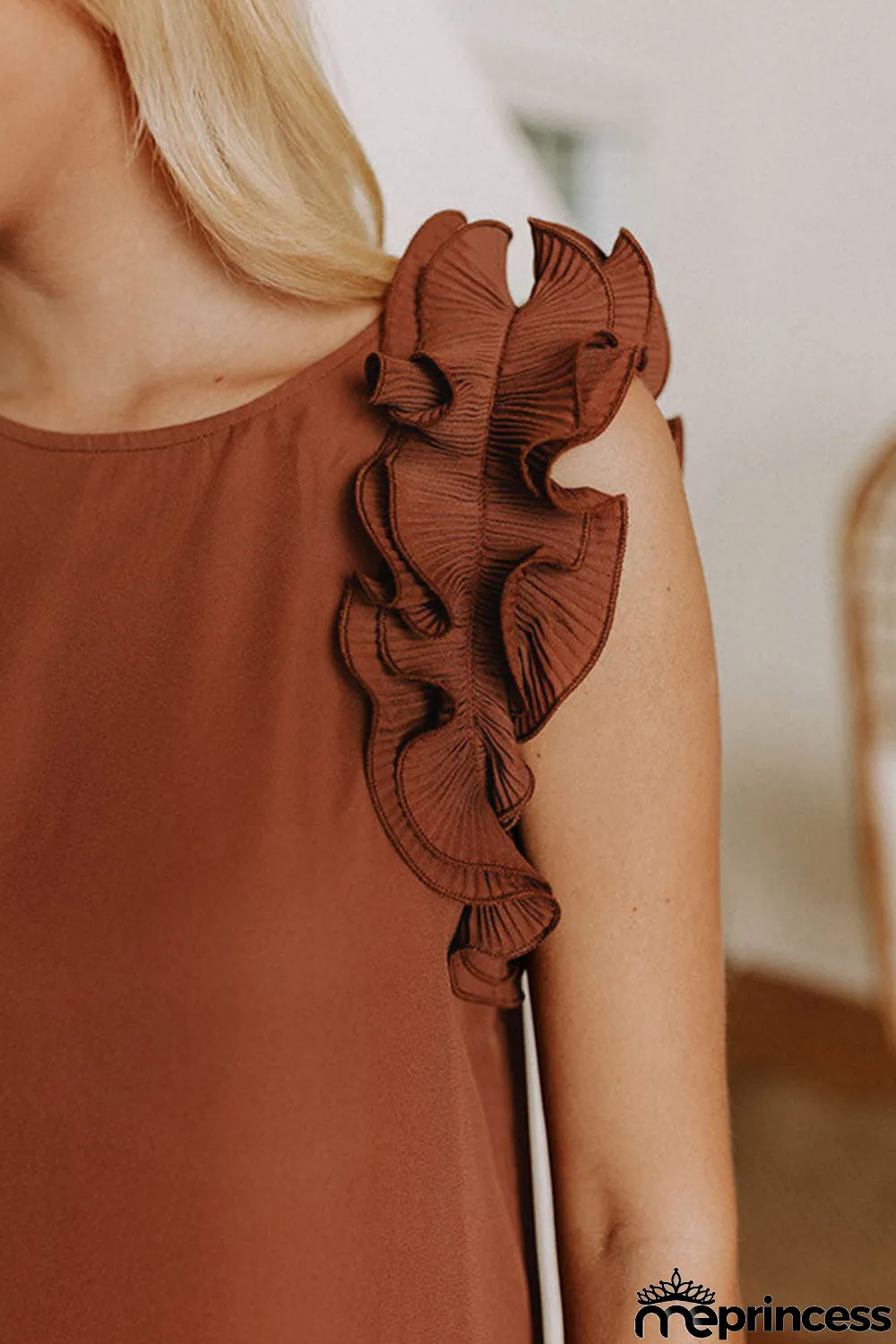 Brown Ruffles Armhole Tank Top