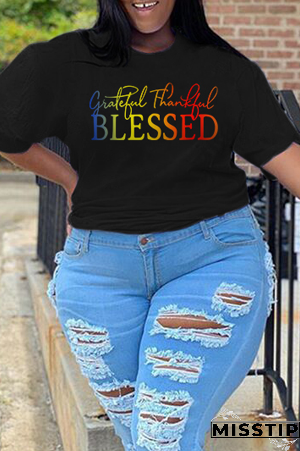 Black Casual Street Print Letter O Neck Plus Size Tops