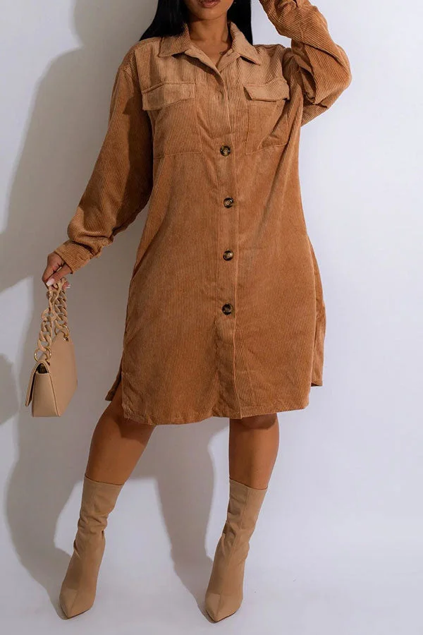 Solid Color Casual Single Breasted Midi Dress
