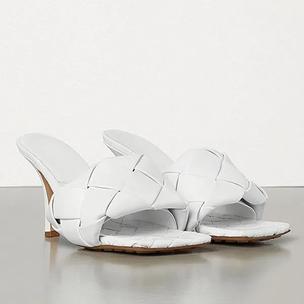 Square Open Toe Heeled Woven Leather Mule Slip On Quilted High Heels