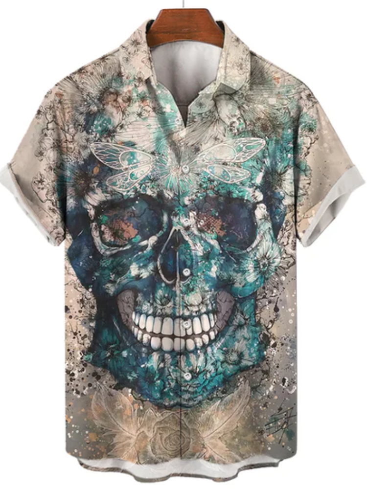 Men'S Hawaiian Skull Print Lapel Shirt