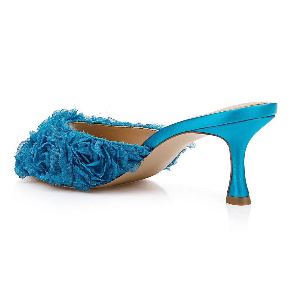 YDN Peep Toe Stiletto Heel Slip On Ruffle Mules Shoes in Blue