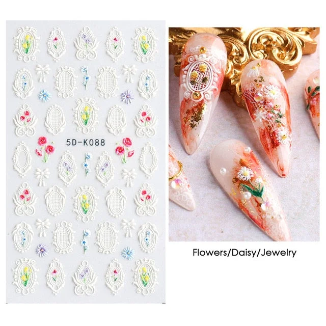 Nail Stickers Embossed 5D Elegant Halloween Vampire Skull White Flowers Designs Back Glue Nail Decals Tips For Beauty Salons-Nail Inspo