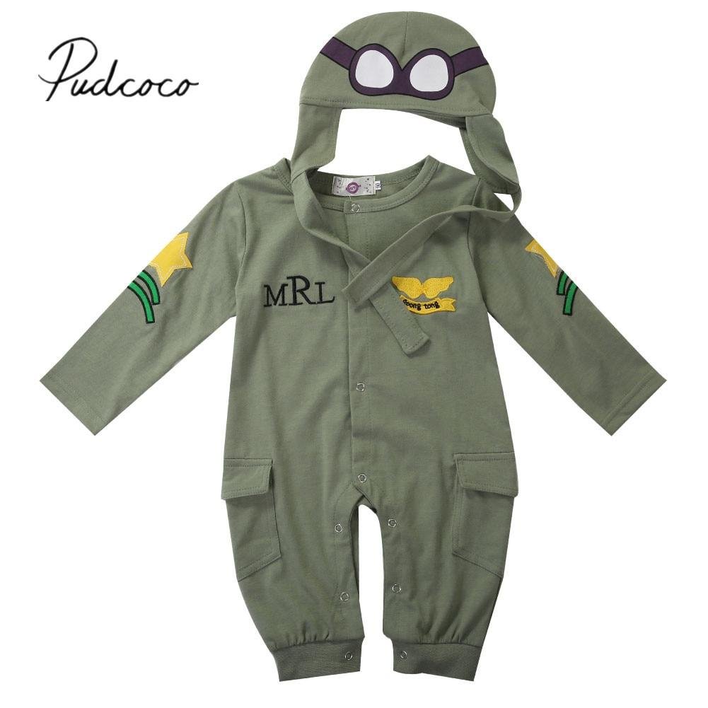 2019 Brand New Newborn Toddler Baby Boy Children Clothes Rompers+Hat Cap Jumpsuit Outfits Green Pilot's Coat 2Pcs Outfits
