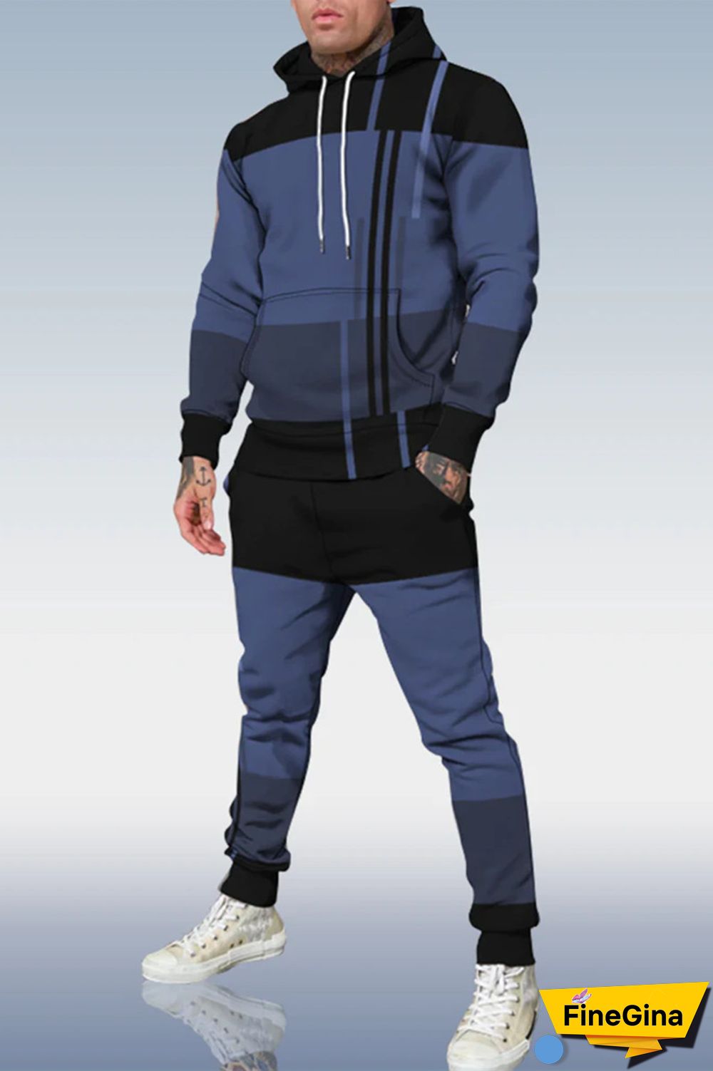 Blue Men's Personalized Printed Hoodie Set 033