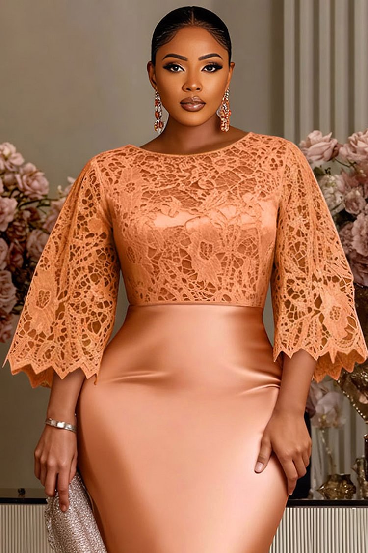 Xpluswear Design Plus Size Wedding Guest Rose Gold Round Neck Flare 3/4 Sleeve Split Elegant Bodycon Satin Midi Dresses [Pre-Order]
