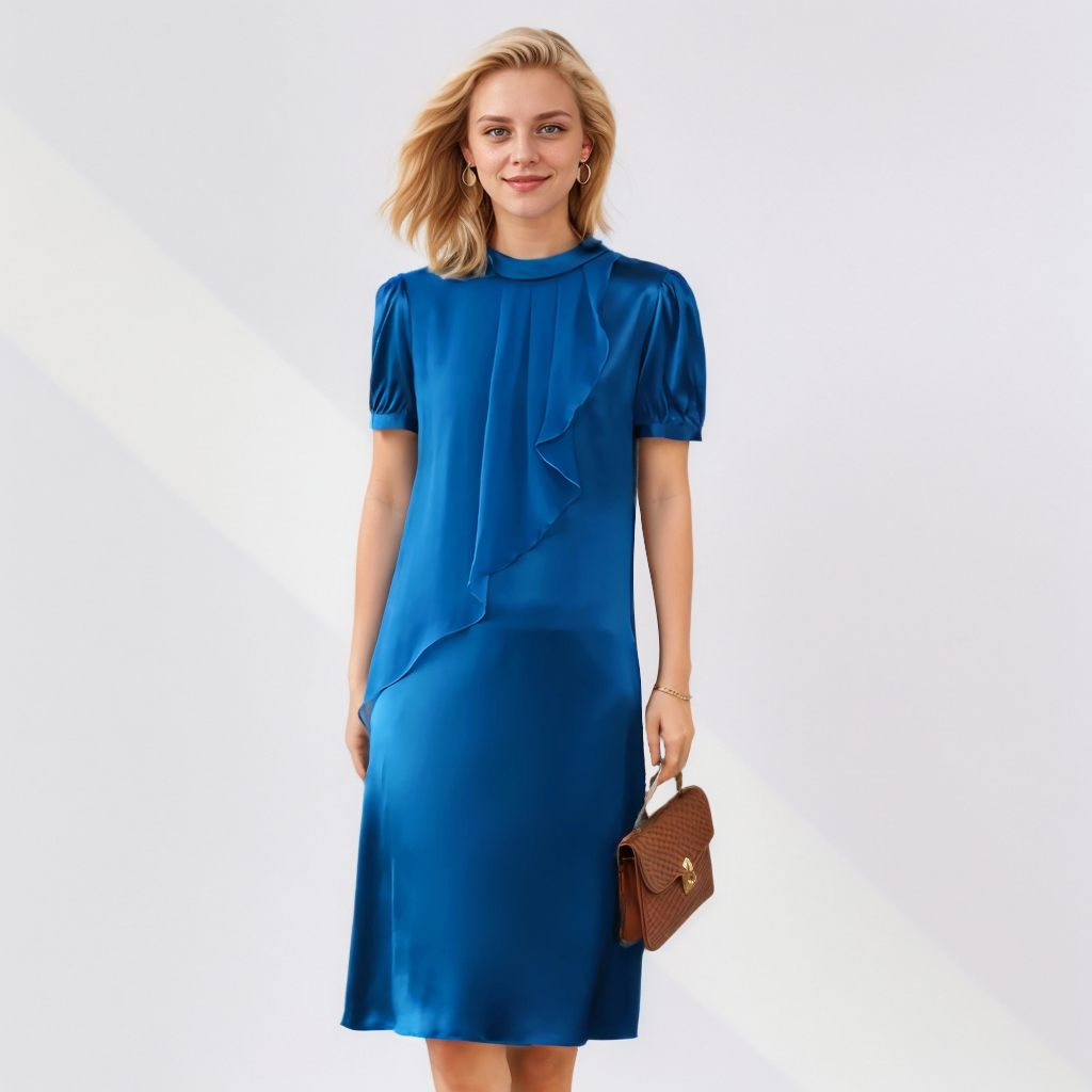 Ruffled Collar Solid Silk Dress REAL SILK LIFE