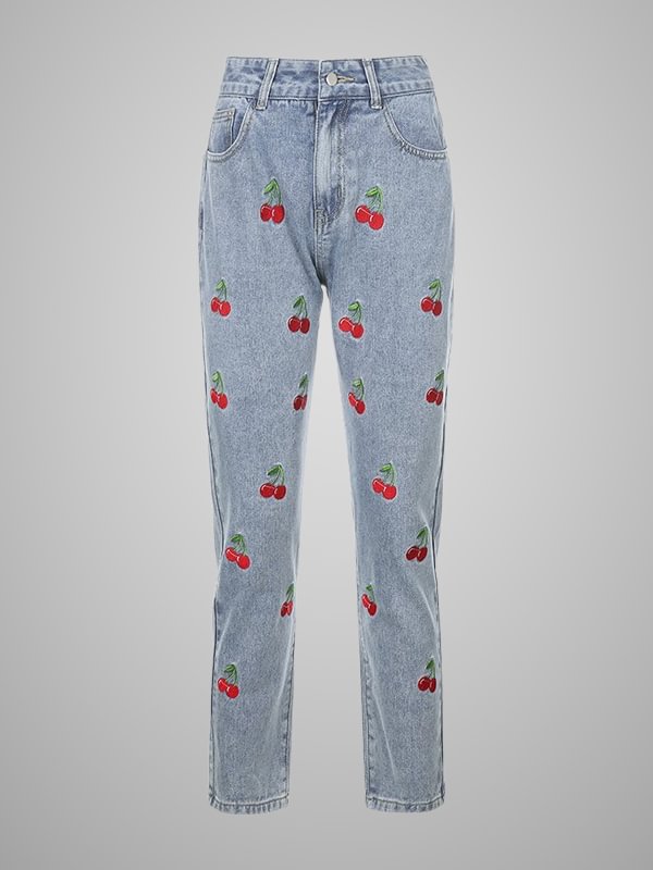High Waist Embroidery Cherry Jeans Denim Pants