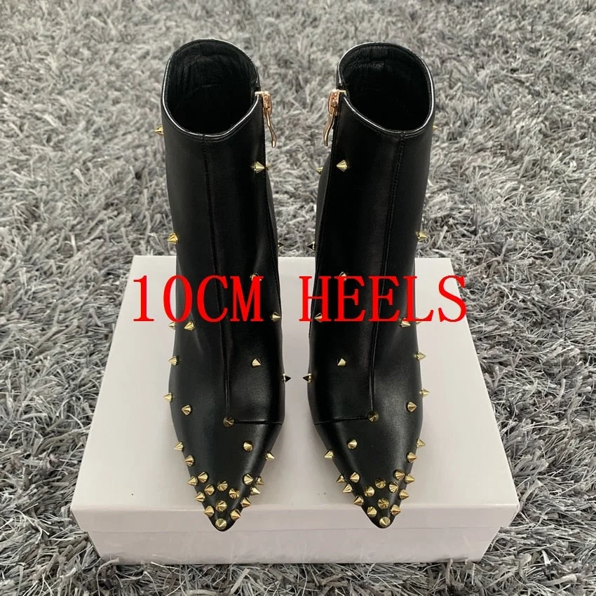 2020 Fashion Women Boots 10cm High Heels Rivets Ankle Boots Plus Size 42 Thin Heels Winter Boots Stiletto PU Leather Black Shoes