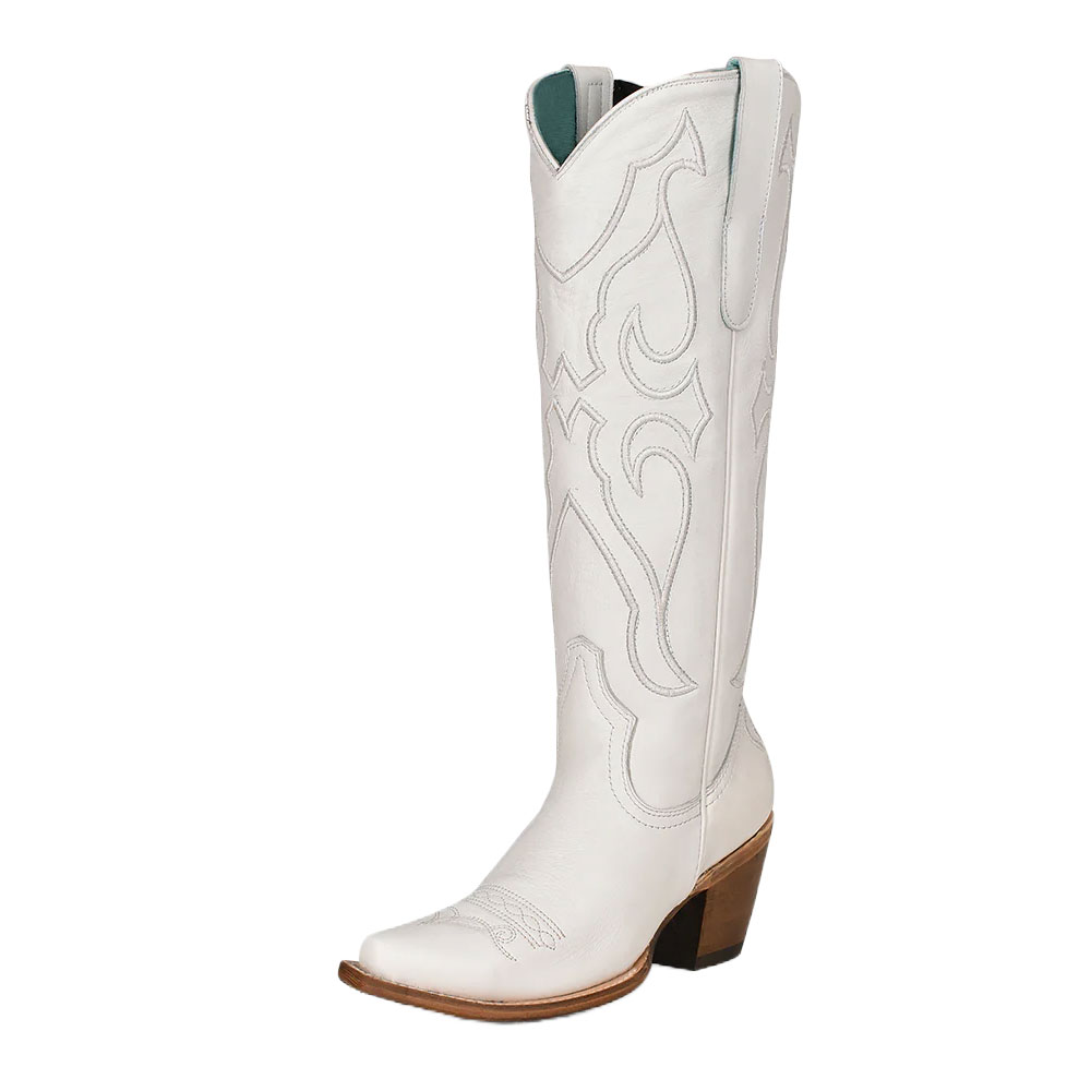 Elegant Snip Toe Embroidered Knee-High Heeled Cowgirl Boots in White
