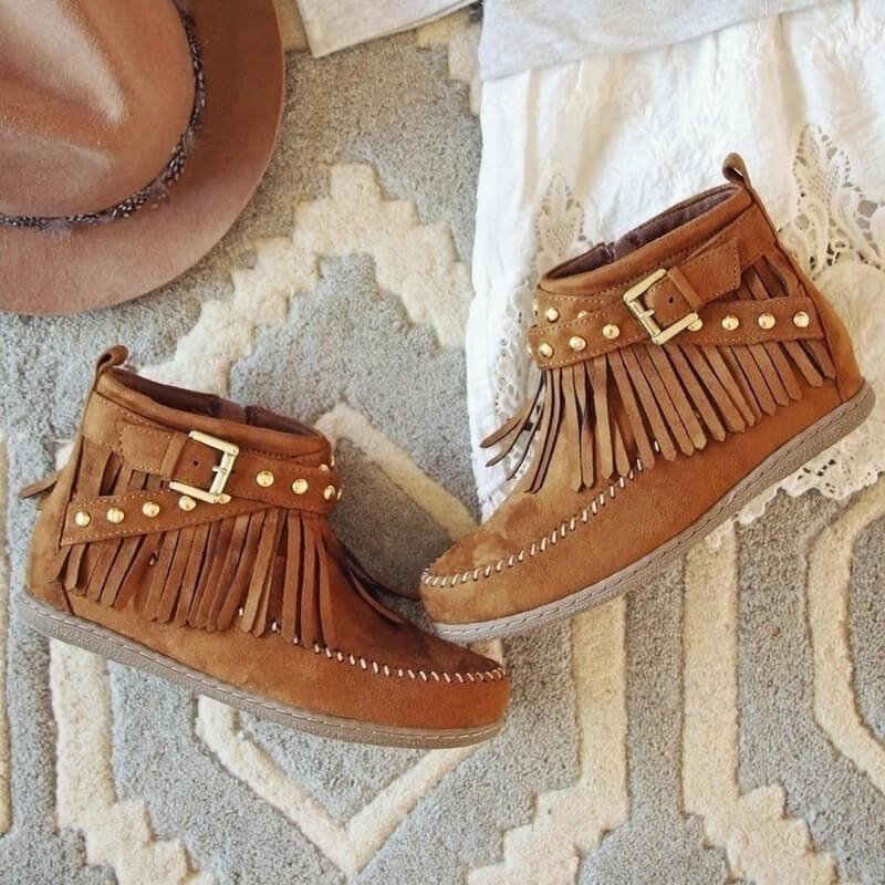 VCSHOES Wedge Flat Buckle Suede Round Toe Ankle Boots